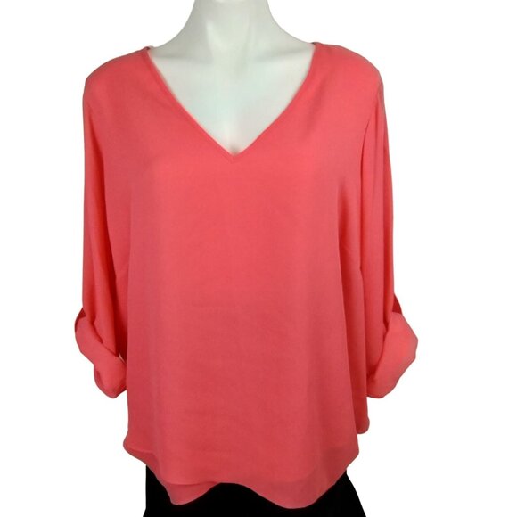 Zac and Rachel Womens 2X Pink V-Neck Rolled Sleeve Blouse with Overlapping Hem - Picture 1 of 13